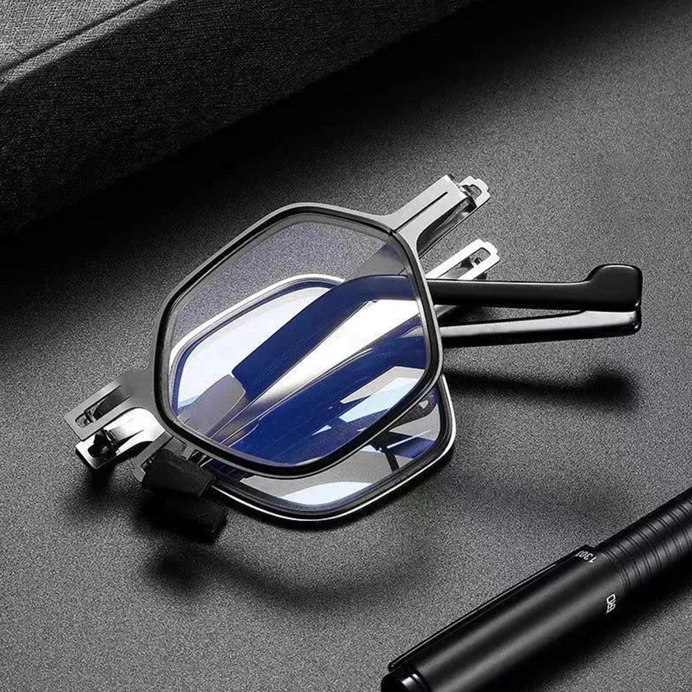 Anti Blue Light Reading Glasses For Women Men Metal Foldable Presbyopia Spectacles Polygon Frame Eyeglasses W/ Case +1.0 - +4.0
