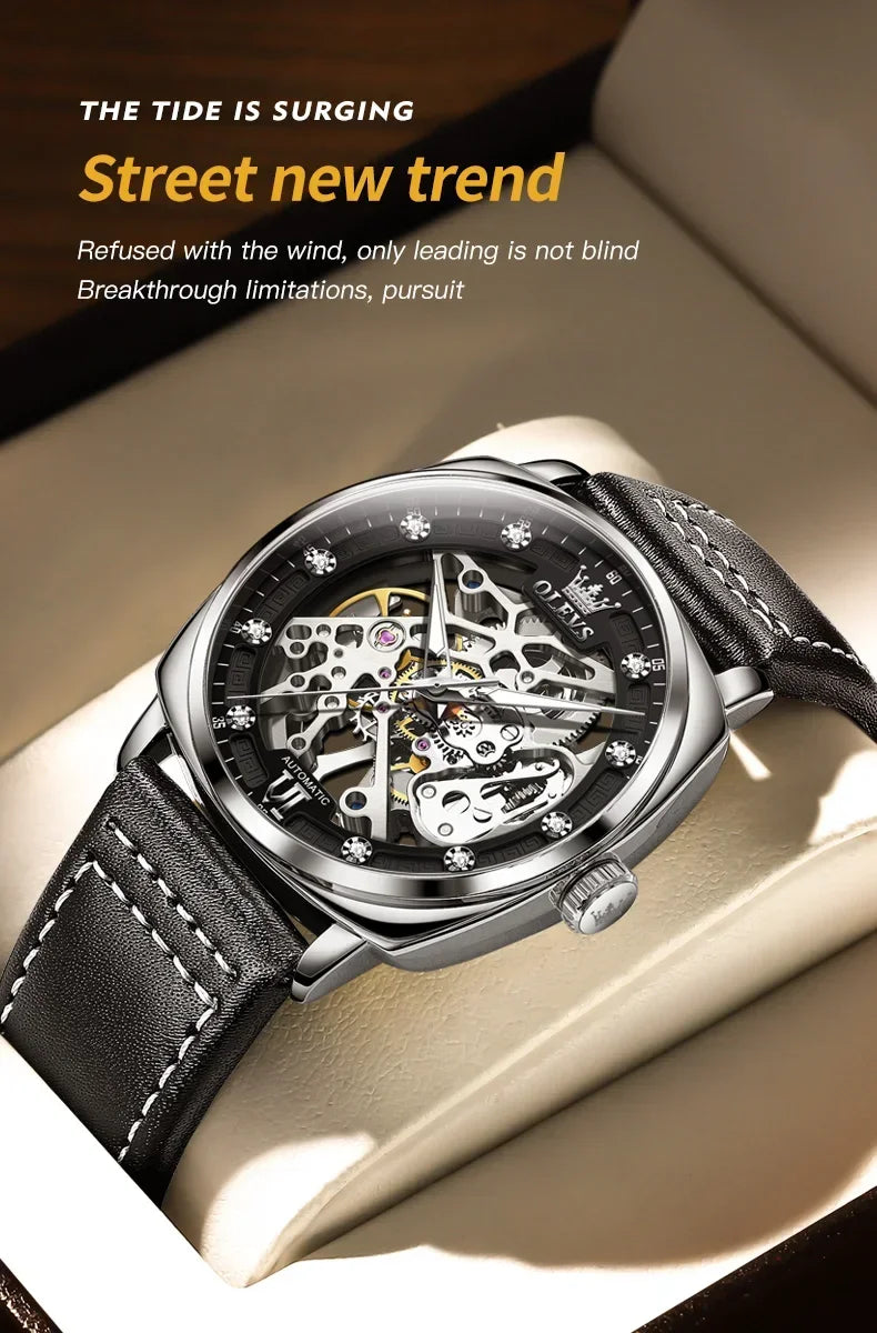 OLEVS Men's Watches Automatic Mechanical Leather Strap Hollow Out Dial Wristwatch Waterproof