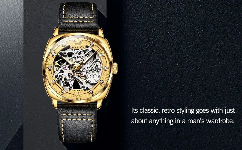 OLEVS Men's Watches Automatic Mechanical Leather Strap Hollow Out Dial Wristwatch Waterproof