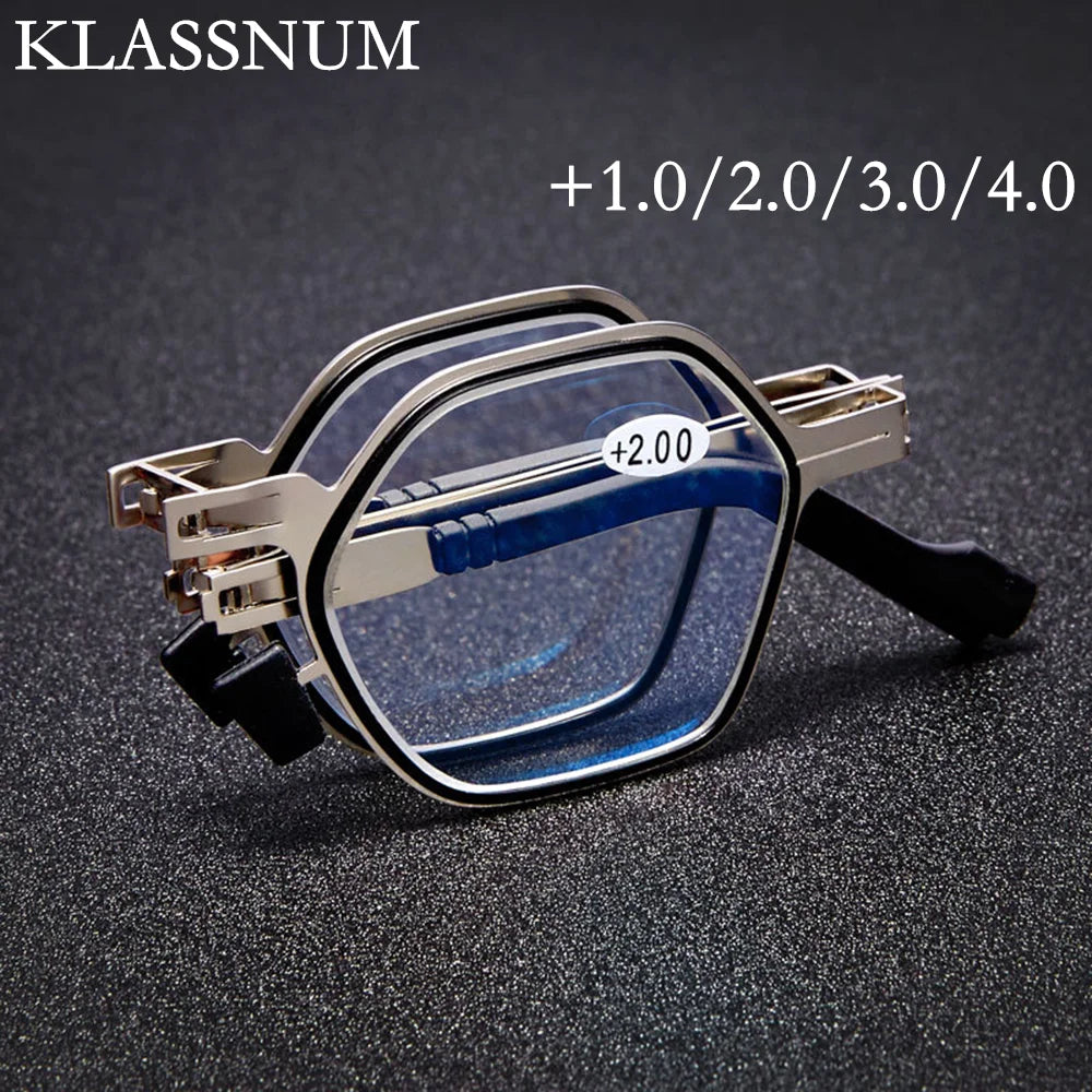 Anti Blue Light Reading Glasses For Women Men Metal Foldable Presbyopia Spectacles Polygon Frame Eyeglasses W/ Case +1.0 - +4.0