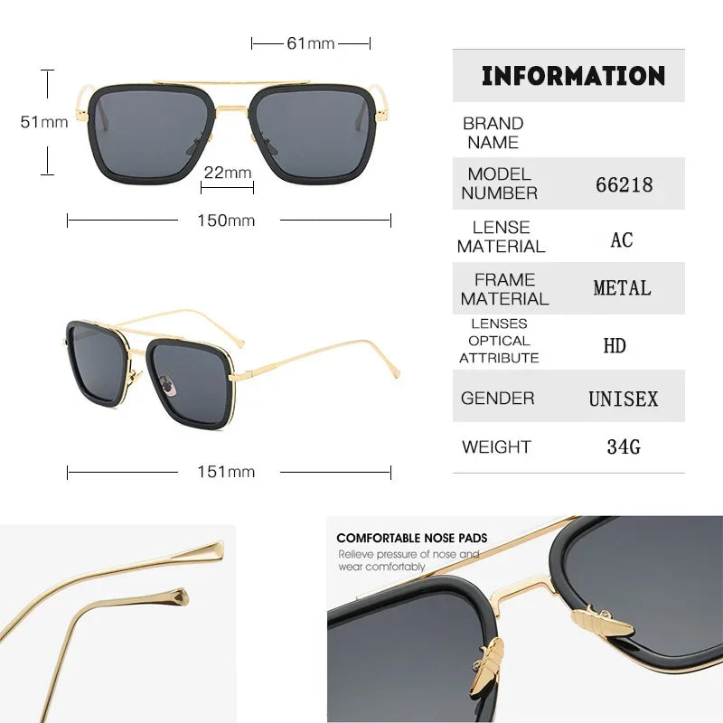 Steam Punk Tony Stark Sunglasses Unisex Fashion Square Driving Glasses Unisex Metal Frame Trendy Shades Oculos De Sol