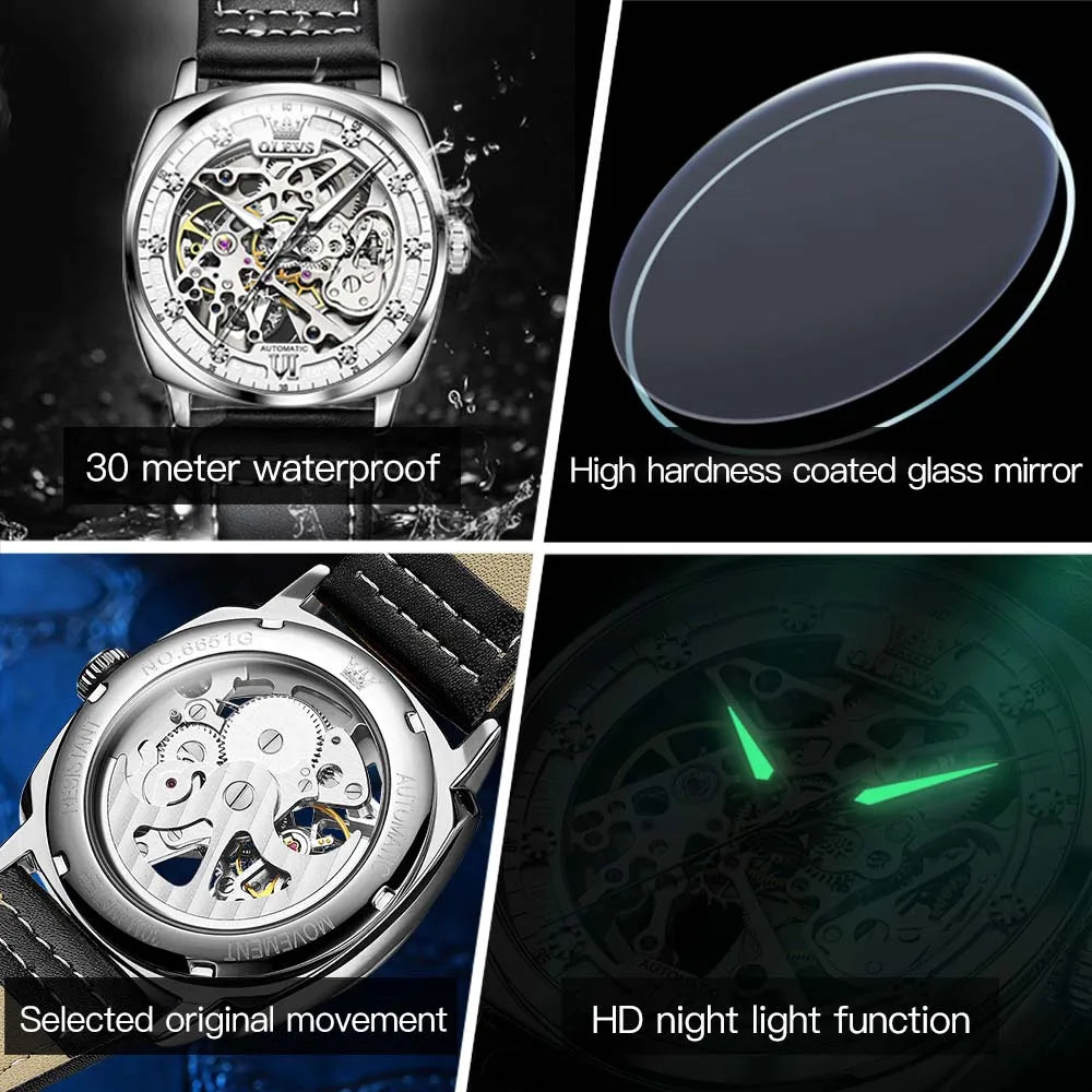 OLEVS Men's Watches Automatic Mechanical Leather Strap Hollow Out Dial Wristwatch Waterproof
