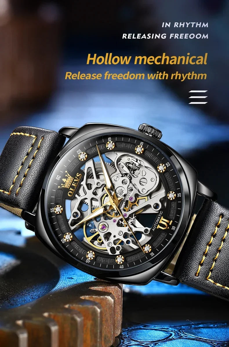 OLEVS Men's Watches Automatic Mechanical Leather Strap Hollow Out Dial Wristwatch Waterproof