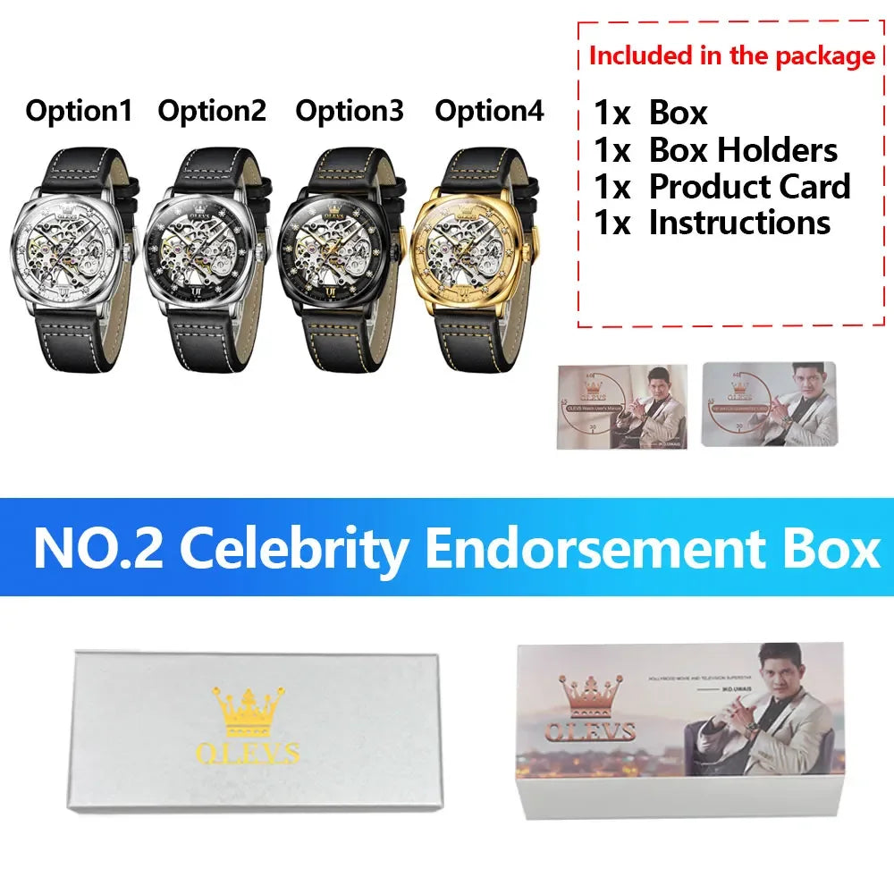 OLEVS Men's Watches Automatic Mechanical Leather Strap Hollow Out Dial Wristwatch Waterproof