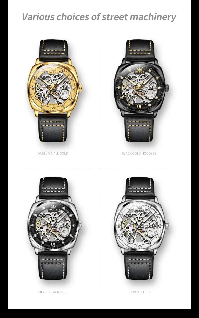 OLEVS Men's Watches Automatic Mechanical Leather Strap Hollow Out Dial Wristwatch Waterproof
