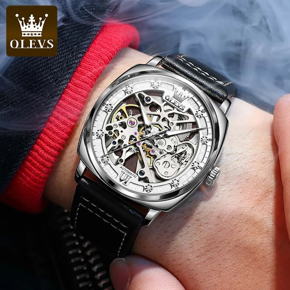 OLEVS Men's Watches Automatic Mechanical Leather Strap Hollow Out Dial Wristwatch Waterproof