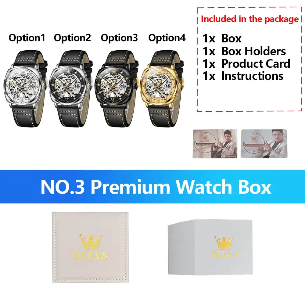 OLEVS Men's Watches Automatic Mechanical Leather Strap Hollow Out Dial Wristwatch Waterproof