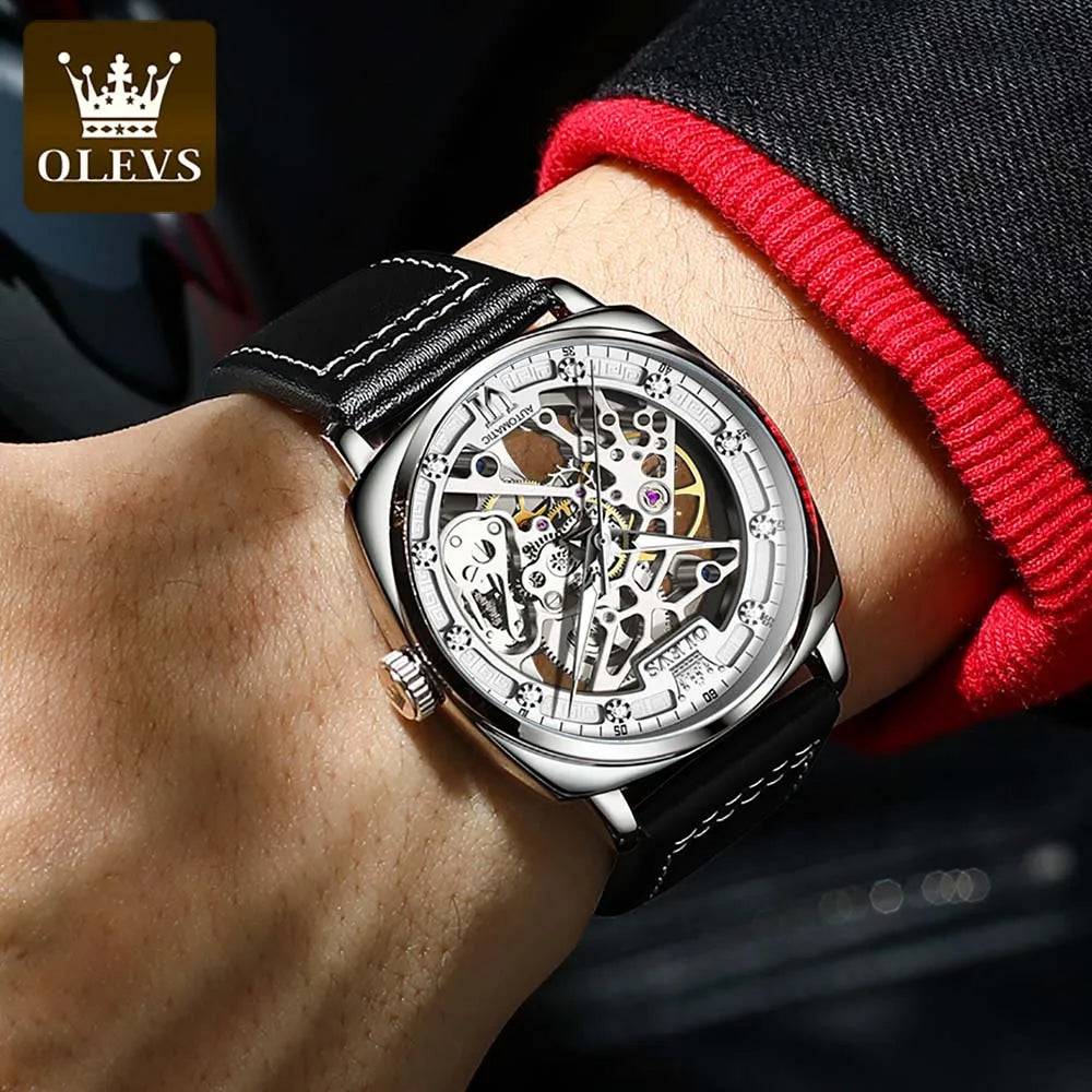 OLEVS Men's Watches Automatic Mechanical Leather Strap Hollow Out Dial Wristwatch Waterproof