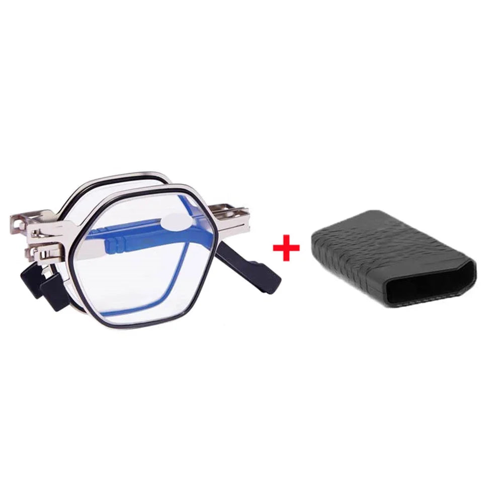 Anti Blue Light Reading Glasses For Women Men Metal Foldable Presbyopia Spectacles Polygon Frame Eyeglasses W/ Case +1.0 - +4.0