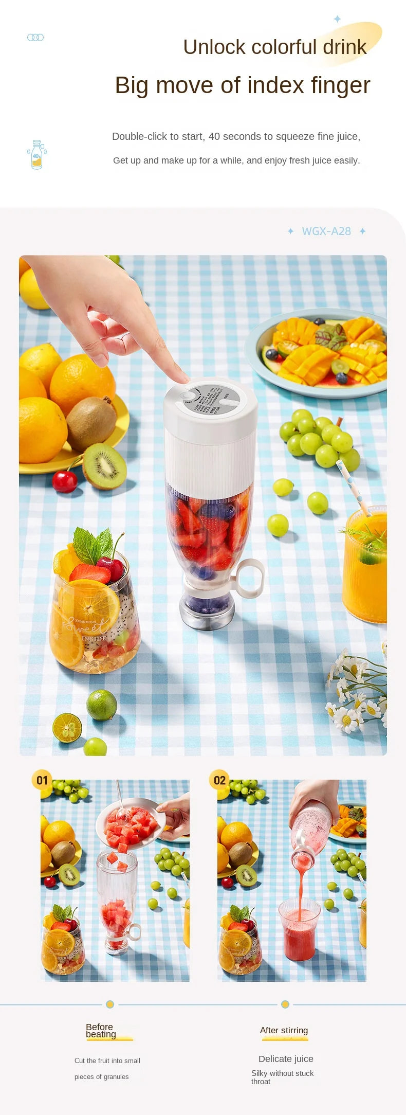 Portable Blender USB Rechargeable Mini Juicer Blender Personal Size Kitchen blenders for Juices Shakes and Smoothies