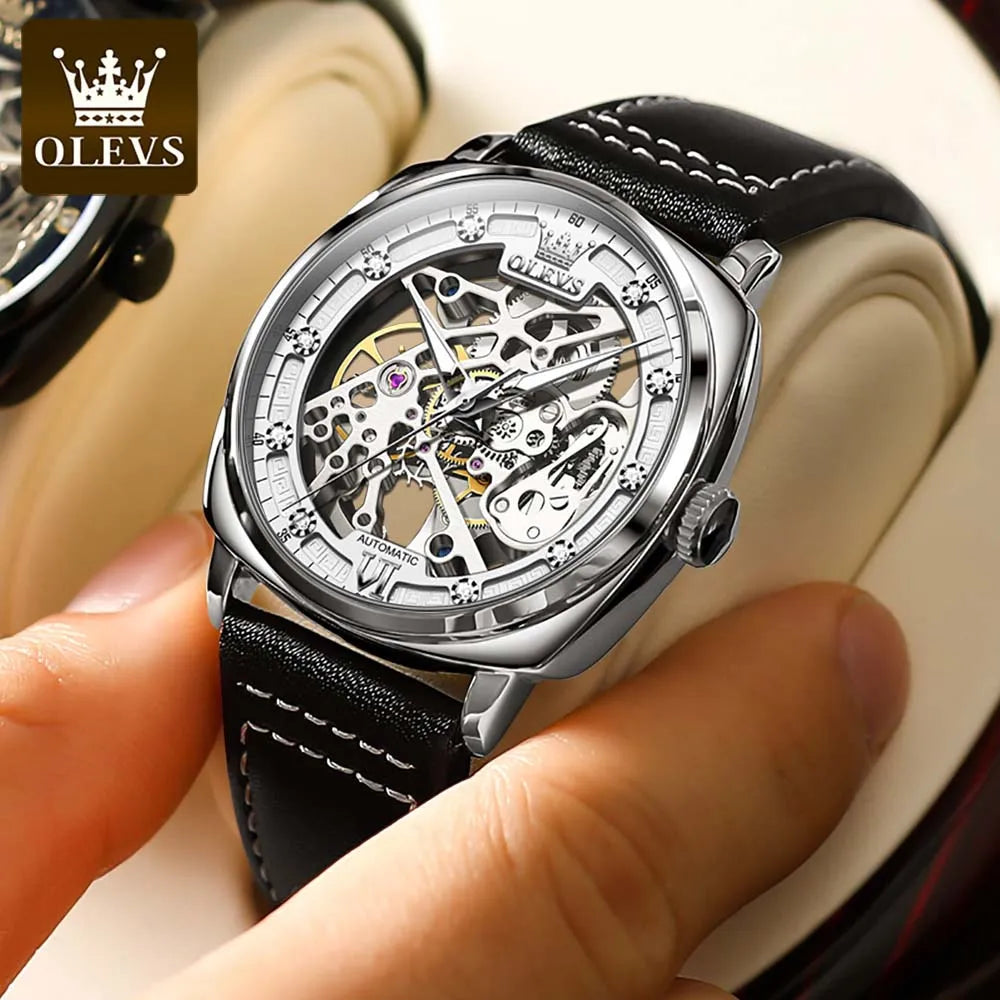 OLEVS Men's Watches Automatic Mechanical Leather Strap Hollow Out Dial Wristwatch Waterproof