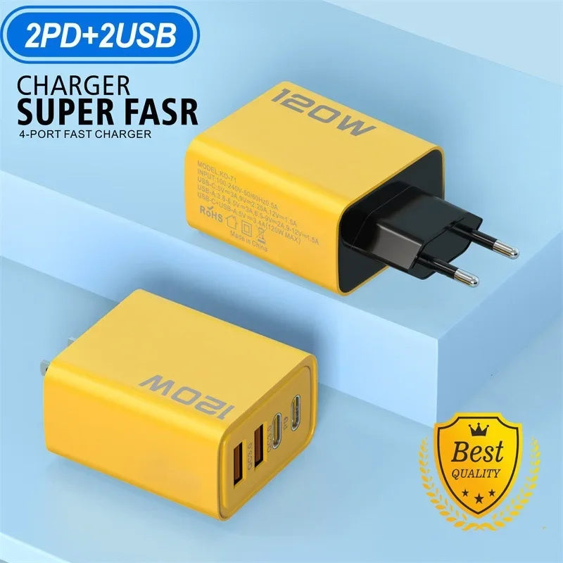 120W 3.0 USB fast phone charger type C quick charge charging adapter for iPhone 15 14 13 Samsung Xiaomi 2 PD 4 ports EU/US plug
