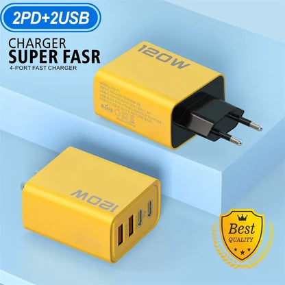 120W 3.0 USB fast phone charger type C quick charge charging adapter for iPhone 15 14 13 Samsung Xiaomi 2 PD 4 ports EU/US plug