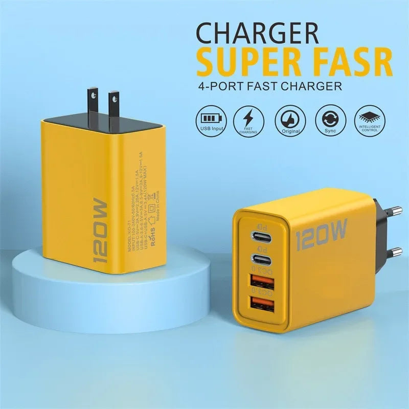 120W 3.0 USB fast phone charger type C quick charge charging adapter for iPhone 15 14 13 Samsung Xiaomi 2 PD 4 ports EU/US plug