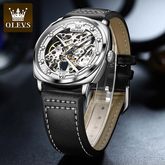 OLEVS Men's Watches Automatic Mechanical Leather Strap Hollow Out Dial Wristwatch Waterproof