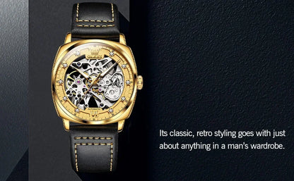 OLEVS Men's Watches Automatic Mechanical Leather Strap Hollow Out Dial Wristwatch Waterproof