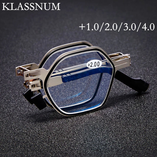 Anti Blue Light Reading Glasses For Women Men Metal Foldable Presbyopia Spectacles Polygon Frame Eyeglasses W/ Case +1.0 - +4.0
