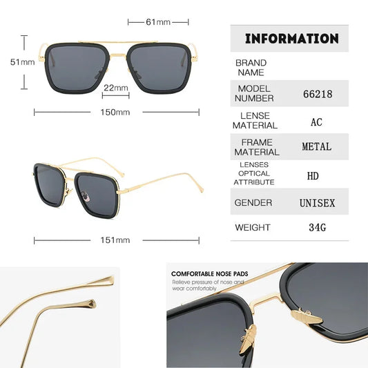 Steam Punk Tony Stark Sunglasses Unisex Fashion Square Driving Glasses Unisex Metal Frame Trendy Shades Oculos De Sol