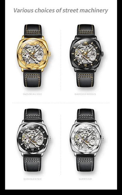 OLEVS Men's Watches Automatic Mechanical Leather Strap Hollow Out Dial Wristwatch Waterproof