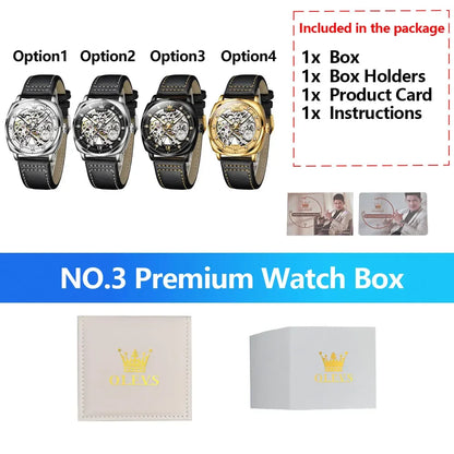 OLEVS Men's Watches Automatic Mechanical Leather Strap Hollow Out Dial Wristwatch Waterproof