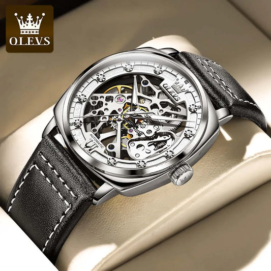 OLEVS Men's Watches Automatic Mechanical Leather Strap Hollow Out Dial Wristwatch Waterproof